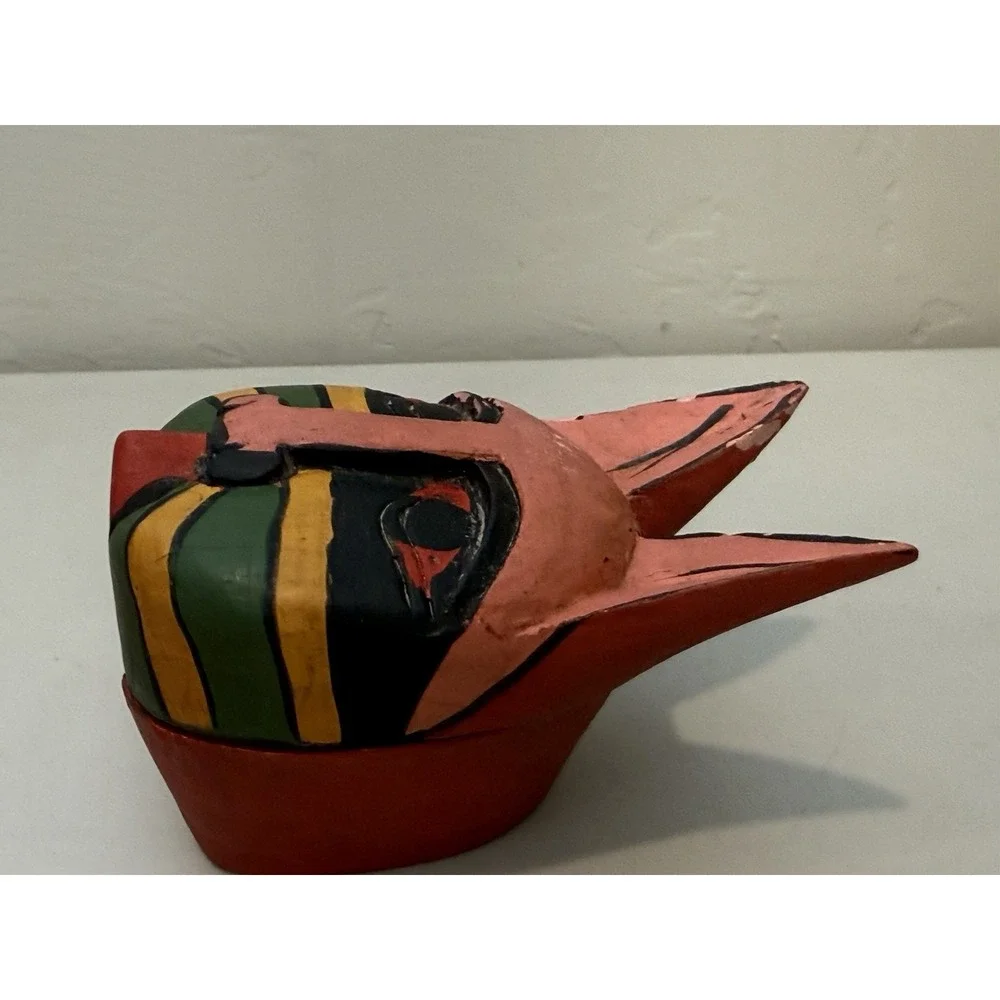 Vintage‎ Folk Art Cat Hand Carved Wood Trinket Box Multicolor Kitty